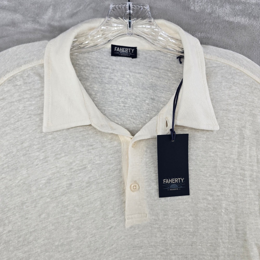 Faherty Reserve Linen Polo Men XL Cream Short Sleeve Lightweight Breathable